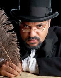 Scrooge in black suit and tophat, scowling through wire-rim glasses as he writes with a feather pen