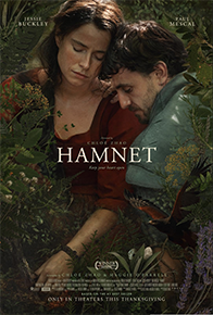 The poster of "Hamnet," with Jessie Buckley and Paul Mescal snuggling amid green blooming plants in the forest.